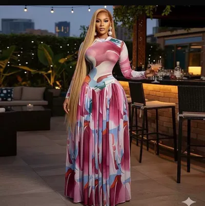 Long sleeve pink and blue dress . Trending round neck dress