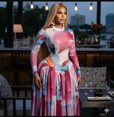 Long sleeve pink and blue dress . Trending round neck dress