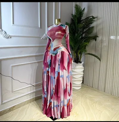 Long sleeve pink and blue dress . Trending round neck dress