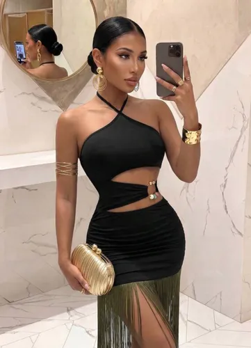Black halter neck cut out dress