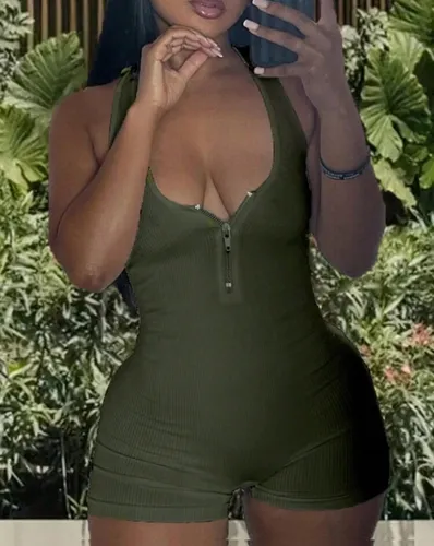 Ribbed knit half zip romper army green